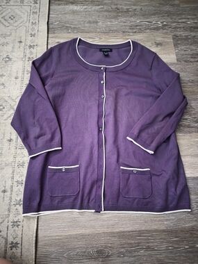 Lands' End Purple Cardigan with White Trim